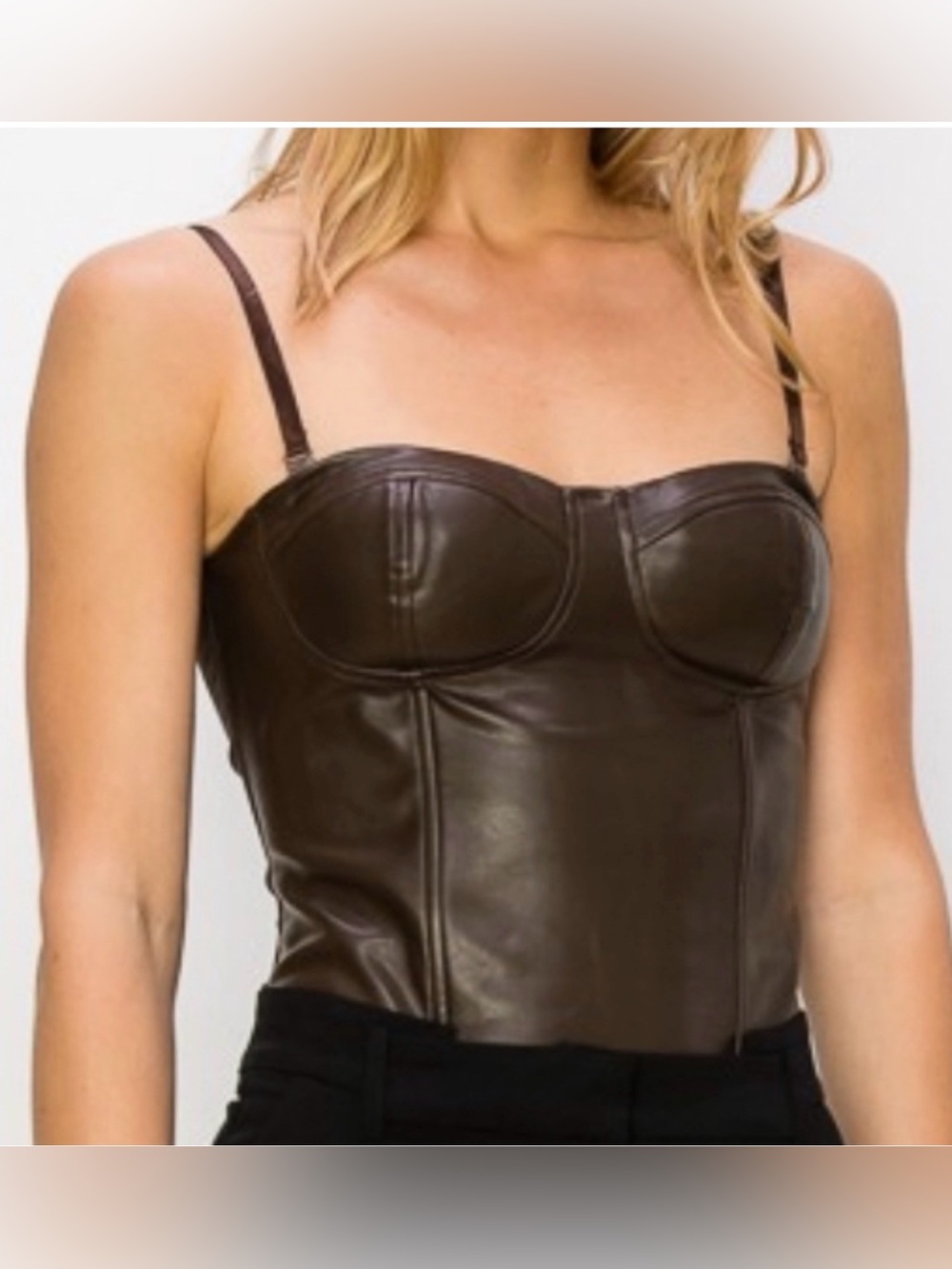 Faux Leather Brown Bustier Bodysuit with Adjustable Straps